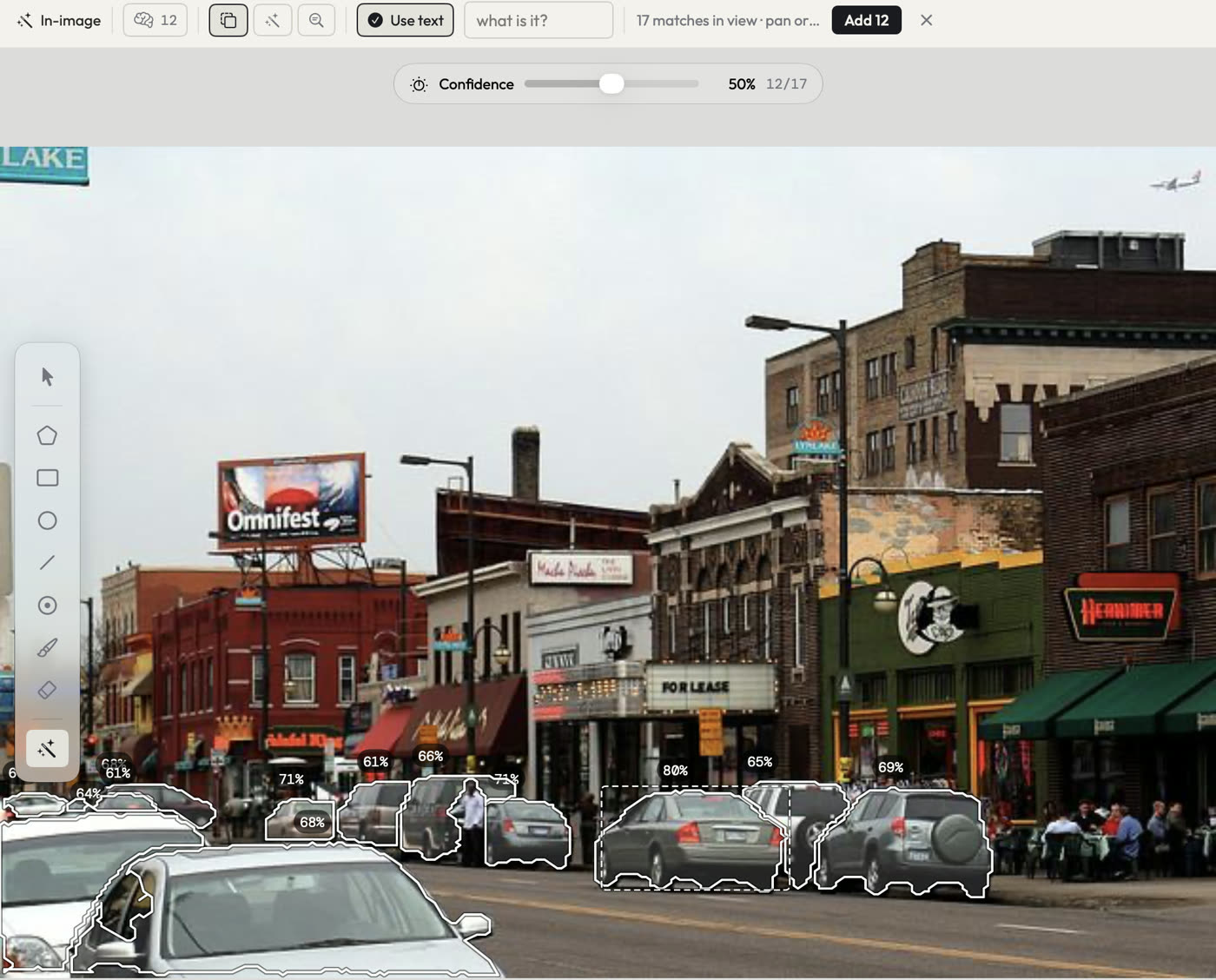 LabelFlow's Find similar: one boxed car, every other car on the street outlined with a confidence